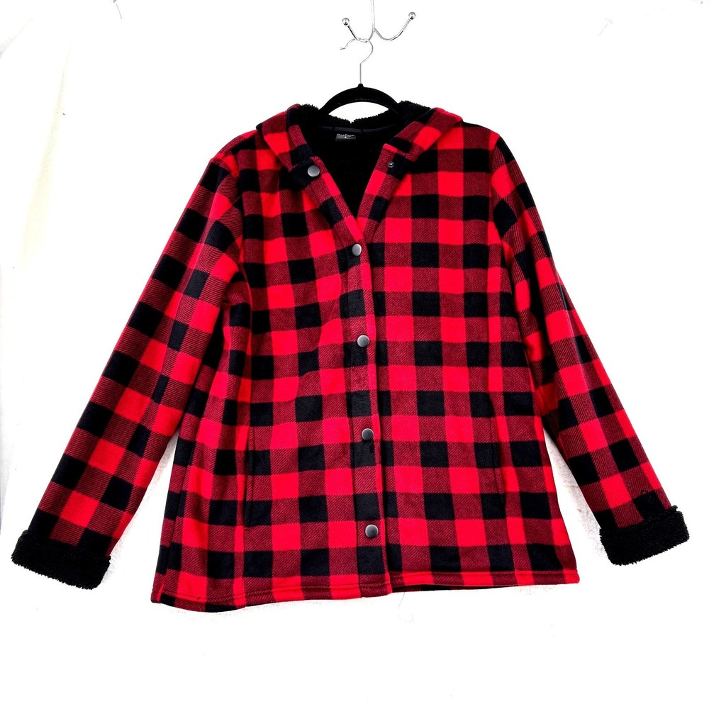 Cuddl Duds Fleece Jacket Size S Red Black Buffalo Plaid Snaps Pockets Hooded